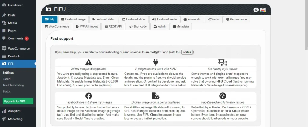 FIFU plugin settings dashboard in WordPress admin