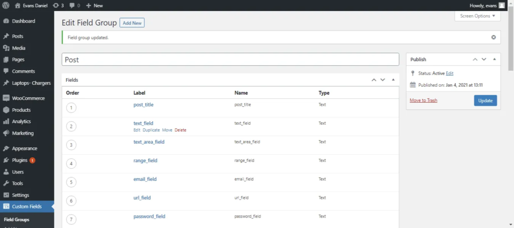Advanced Custom Fields (ACF) field group editor screen in WordPress dashboard showing custom text fields configuration