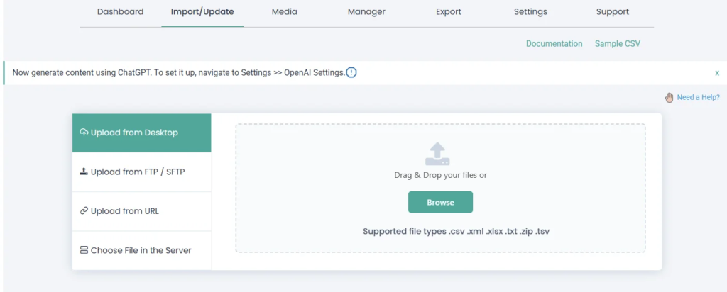 WP Ultimate CSV Importer upload section for importing CSV, XML, XLSX, and TXT files.