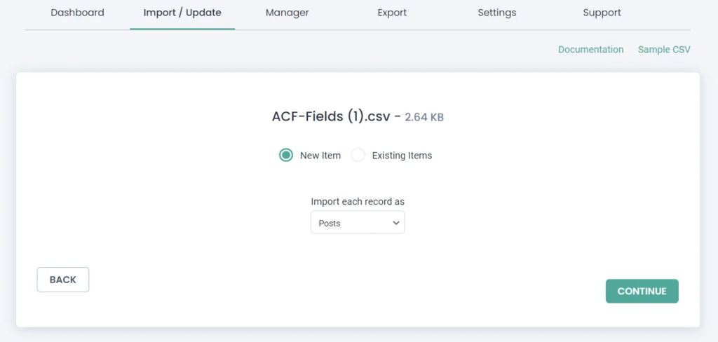 WP Ultimate CSV Importer screen showing CSV file import settings for ACF fields in WordPress.
