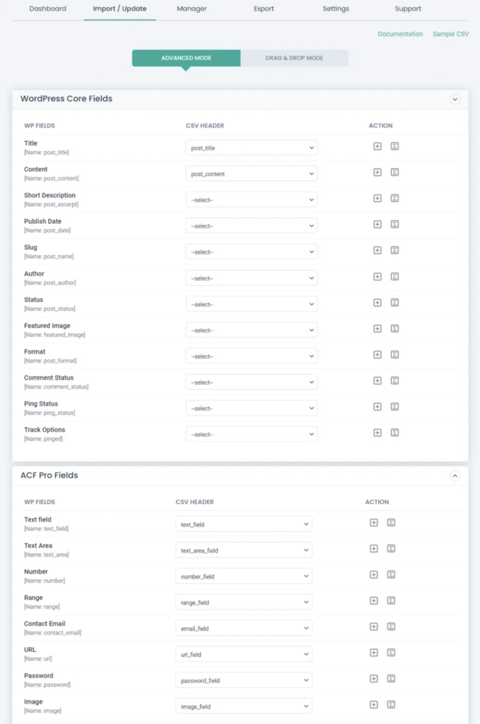 ACF fields mapping interface in WP Ultimate CSV Importer for WordPress posts and custom fields.