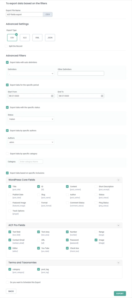 Export settings page in WP Ultimate CSV Importer with CSV export filters and ACF field options.