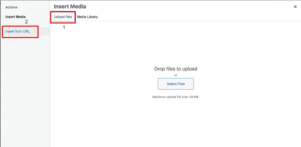 Using the Insert from URL option in the WordPress media uploader