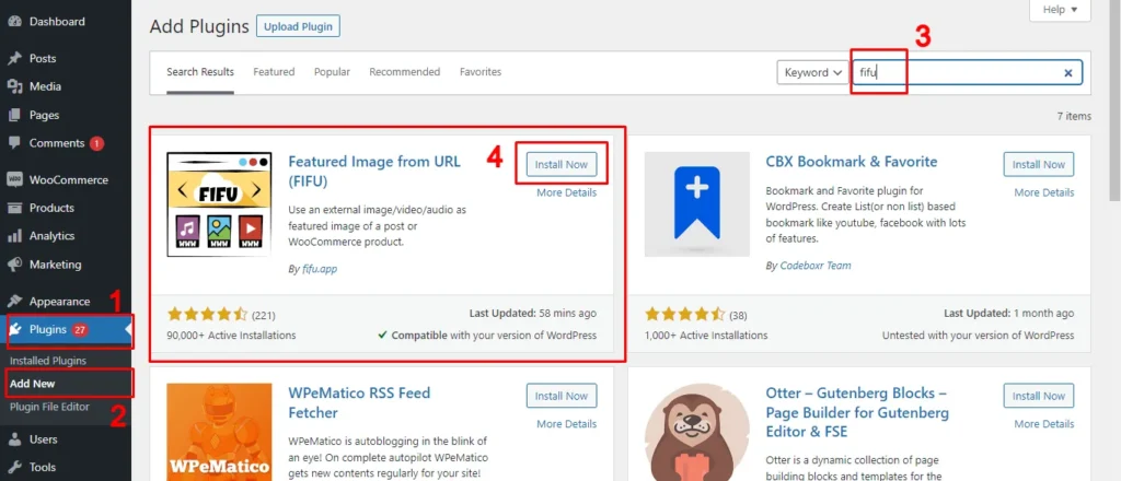 Installing the Featured Image from URL (FIFU) plugin in WordPress