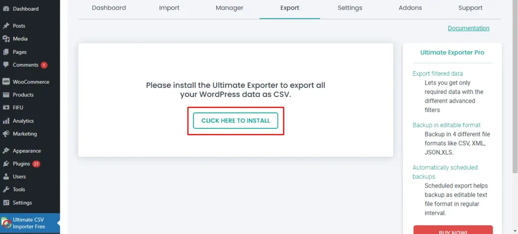 Installing the Ultimate Exporter plugin from the export tab in WordPress