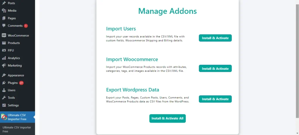 Manage Addons page for installing export addons in WP Ultimate CSV Importer