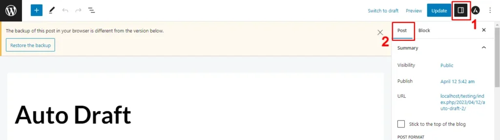 Opening the post settings sidebar in the WordPress block editor