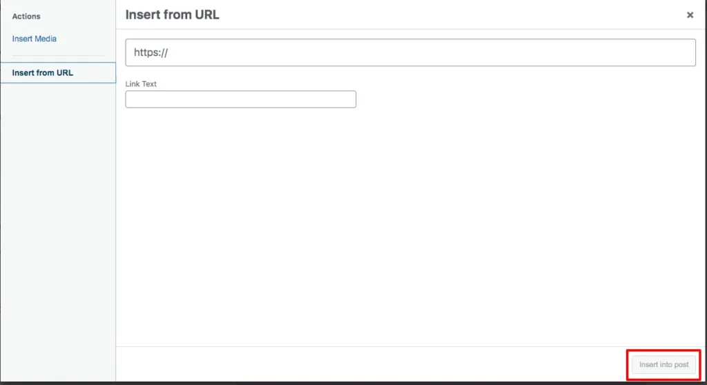 Pasting an external image URL into the WordPress Insert from URL field