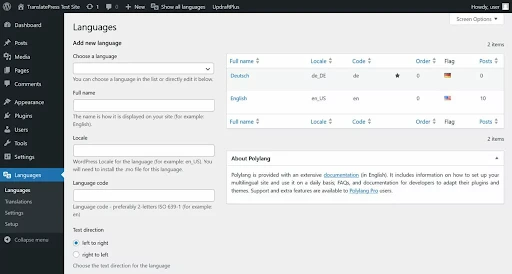Polylang language settings screen showing added languages with locale and language code in WordPress