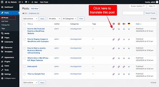 WordPress posts list showing Polylang translation flags to translate individual posts into multiple languages