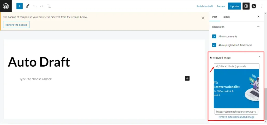 Preview of an external featured image added with the FIFU plugin