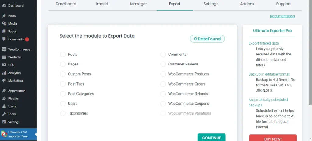 Selecting posts and other modules for export in Ultimate Exporter