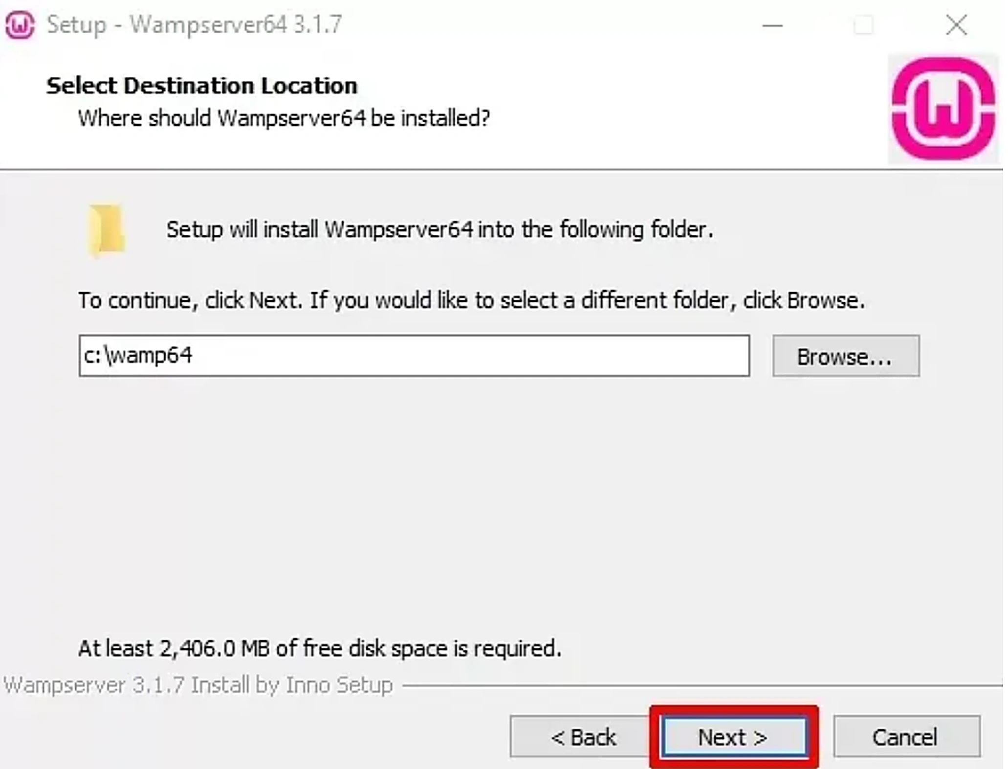 WAMP Server setup screen showing destination folder selection on Windows