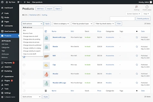 WooCommerce products page showing bulk edit action selected for updating multiple product stock settings at once.