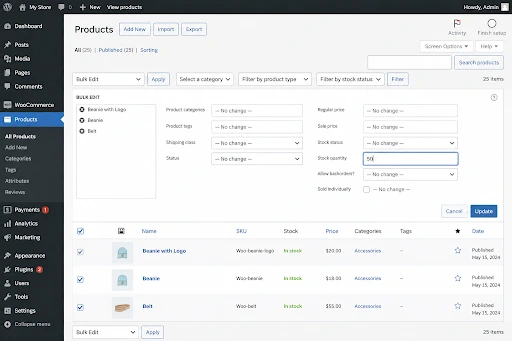 WooCommerce bulk edit panel displaying stock status and product settings for multiple selected products.