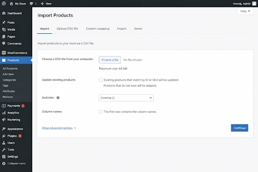 WooCommerce import products page with CSV file upload option for bulk product and stock updates.