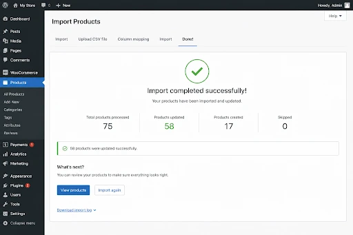 WooCommerce import completed successfully screen showing updated products, created products, and skipped items after bulk stock import.