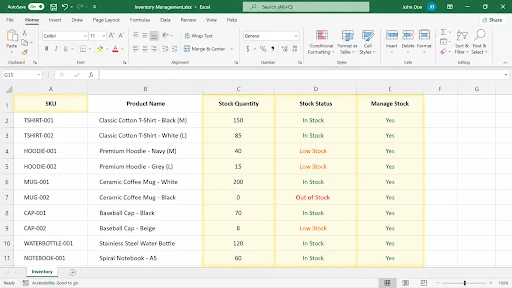 Excel spreadsheet showing WooCommerce product SKUs, stock quantities, stock status, and manage stock columns for bulk inventory updates