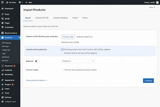 WooCommerce CSV import screen with “Update existing products” option enabled for bulk stock quantity updates.