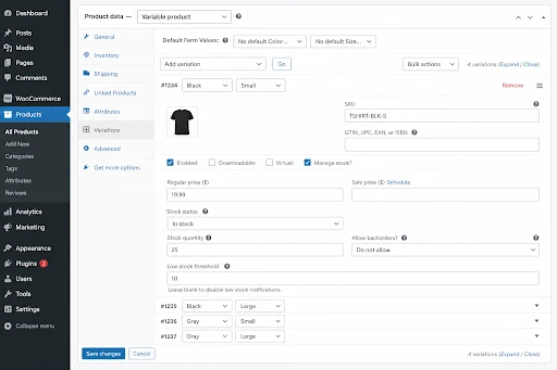 WooCommerce variable product editor displaying variation stock quantity and inventory management settings.
