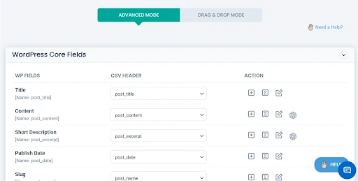 WP Ultimate CSV Importer field mapping screen showing CSV headers mapped to WordPress core fields