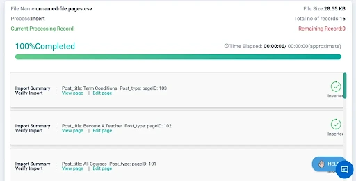 WP Ultimate CSV Importer showing 100% completed import with summary log of inserted records