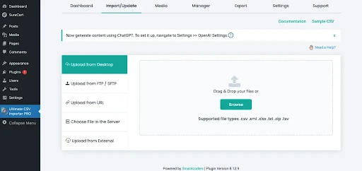 WordPress CSV import for agencies - upload screen in WP Ultimate CSV Importer