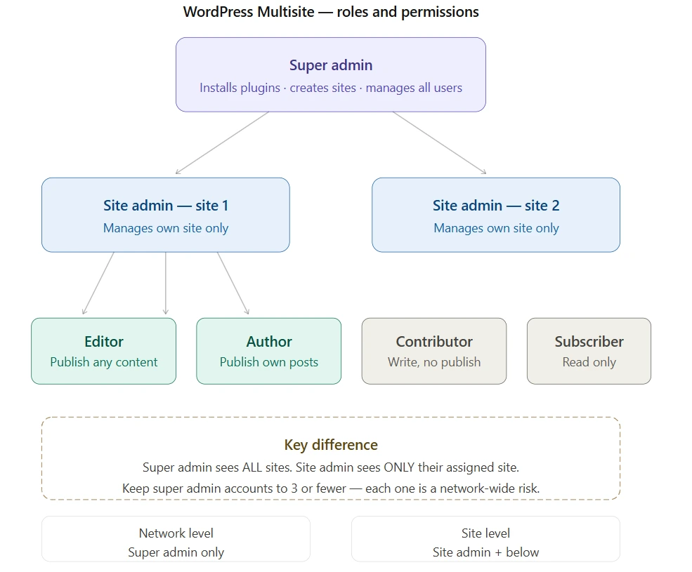 WordPress Multisite Super Admin vs Site Admin roles and permissions hierarchy