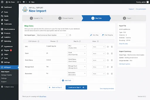 WP All Import field mapping screen connecting CSV stock data columns to WooCommerce product inventory fields.