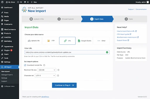 WP All Import screen showing URL-based CSV import setup for automated WooCommerce stock updates.