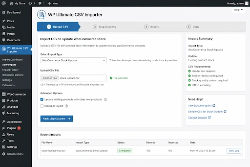 WP Ultimate CSV Importer plugin screen for uploading CSV files to update WooCommerce stock quantities.