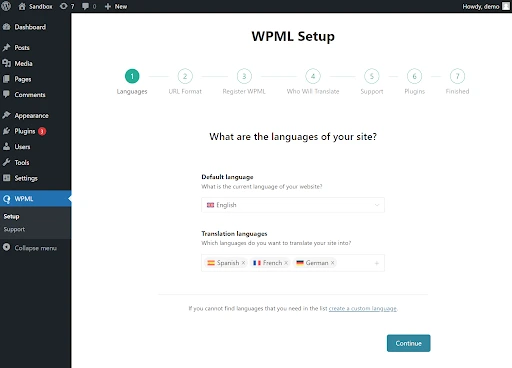 WPML setup screen showing default language and translation language selection in WordPress