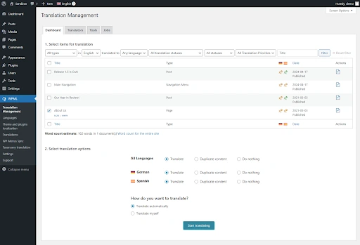 WPML translation management dashboard showing content selection and automatic translation options