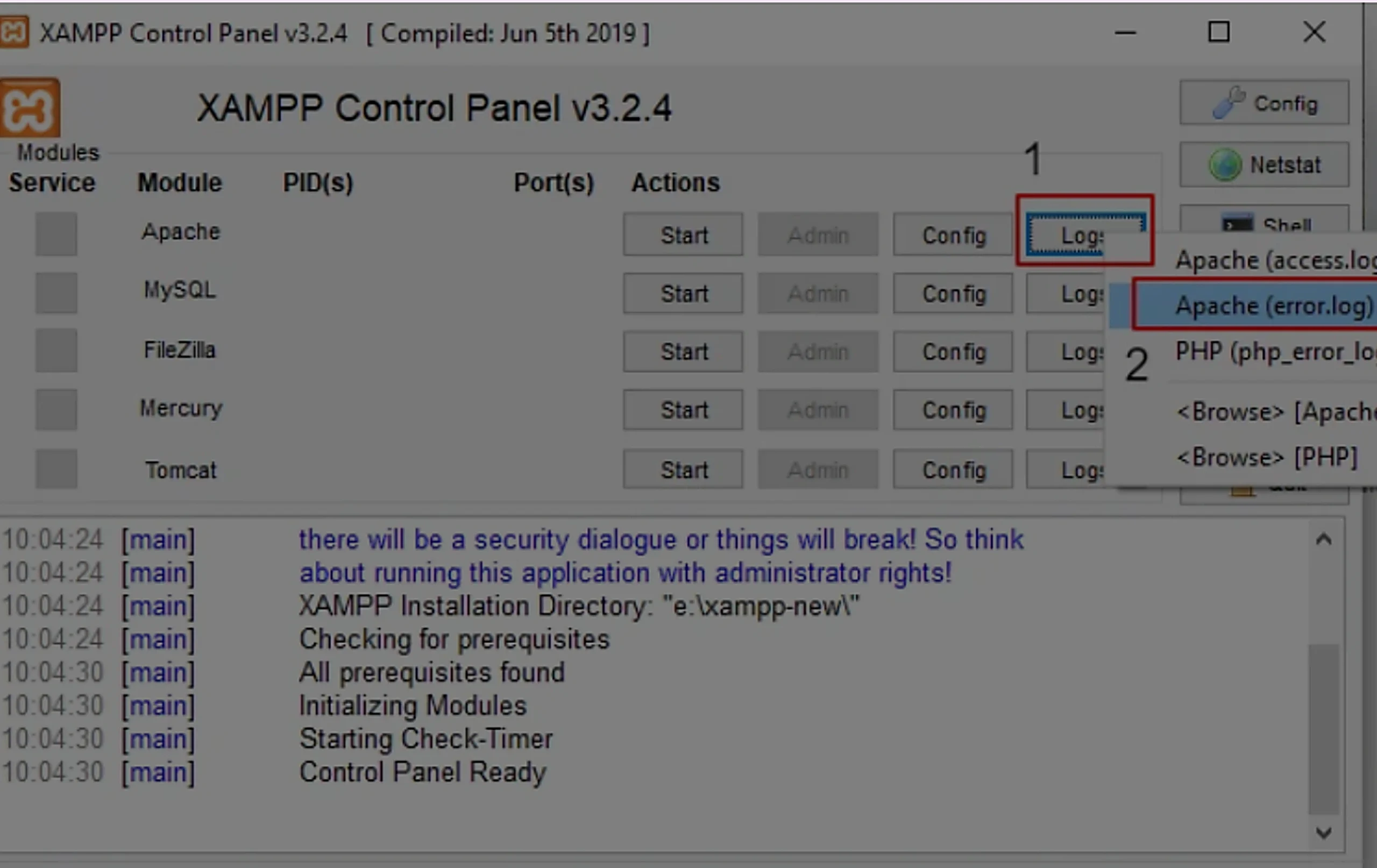 XAMPP Control Panel showing Apache error log option for troubleshooting