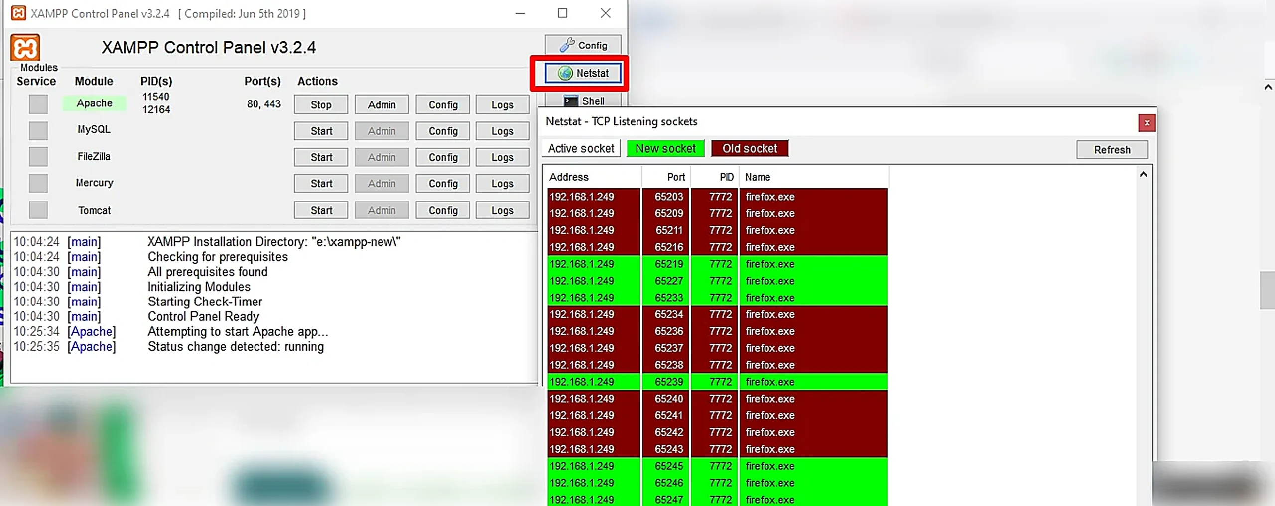 XAMPP Control Panel displaying Netstat tool to check active ports and conflicts