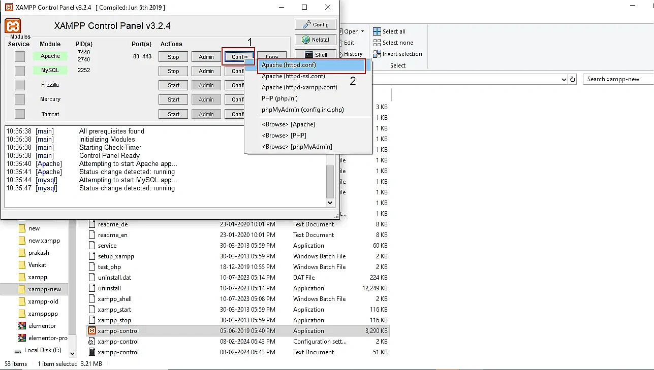 XAMPP Control Panel showing how to open Apache httpd.conf configuration file