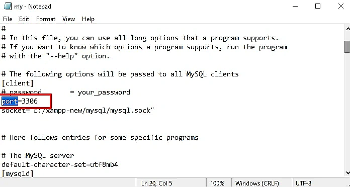 Notepad displaying sample HTML code for testing XAMPP server functionality